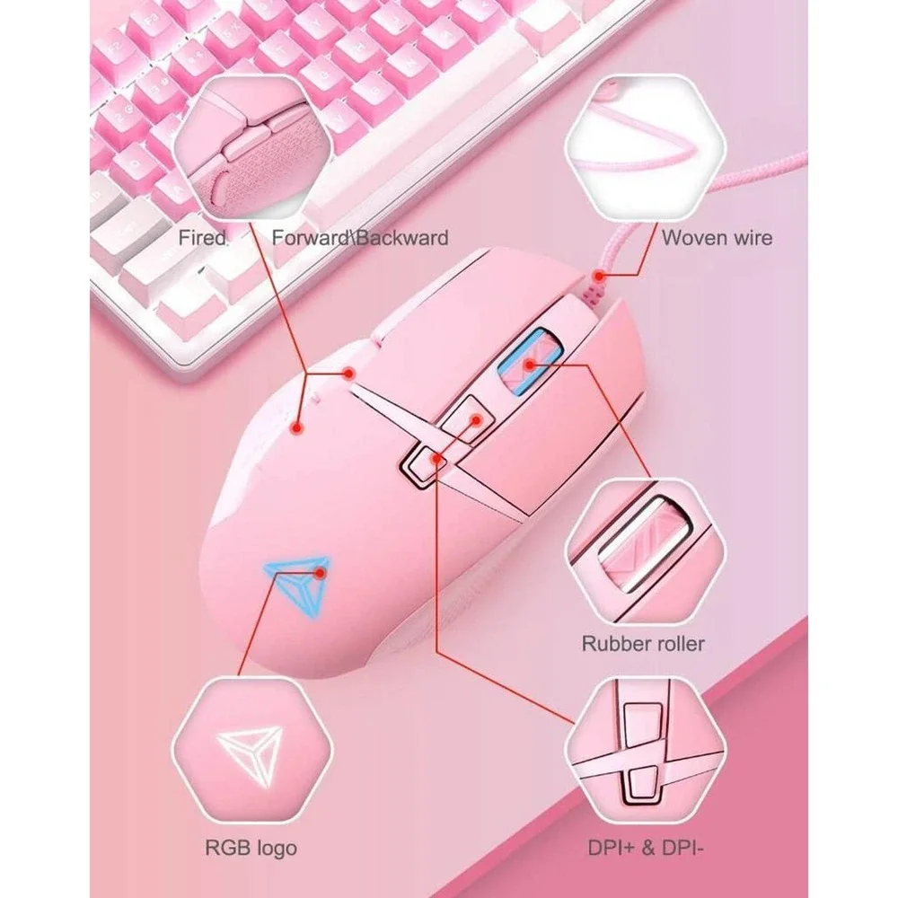 Copied - Pink wired play mouse with USB Ergonomic Gaming cable with backlight